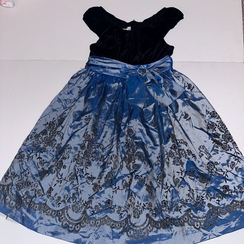 BONNIE JEAN Little Girl 6 Maxi Off-Shoulder Dress BLACK BLUE velour taffeta